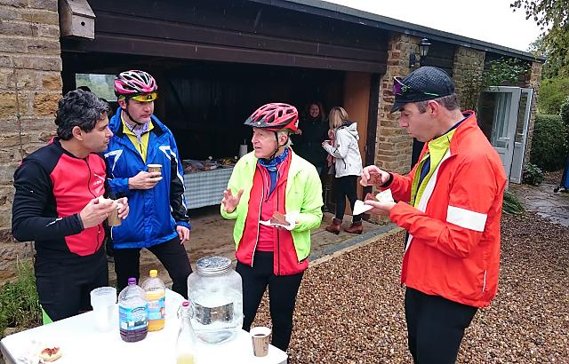 CTC Northampton cyclists enjoying coffee and cake outdoors at the renowned Great Brington pop-up cafe