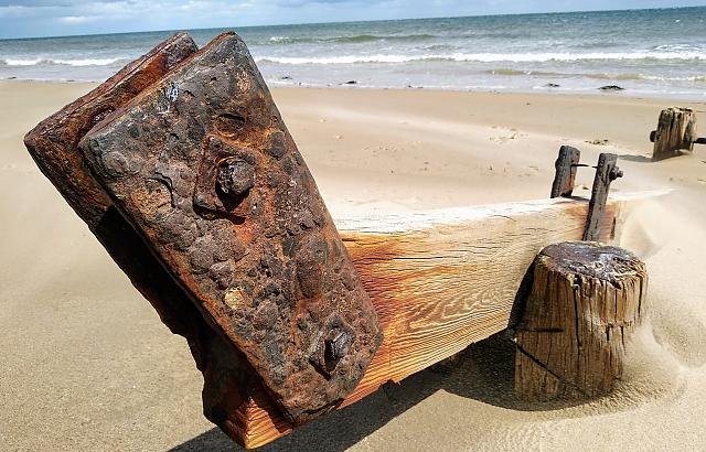 Wooden feature on Northumberland beach