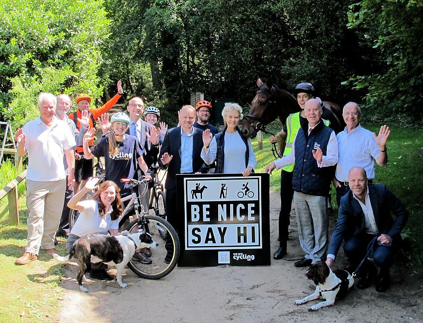 Cyclists, horse riders, Surrey Hill AONB and more gather to celebrate the launch of 'Be Nice, Say Hi' in Surrey.