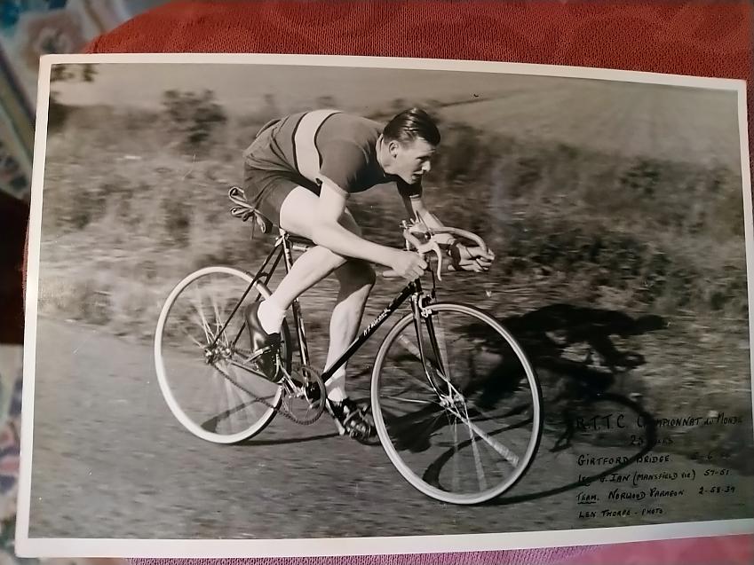 Russ Mantle racing in the National Championships 25 mile time trial in Bedfordshire, 1955. Russell missed the medal by 10 seconds coming 6th our of 120 of the fastest riders in the country.