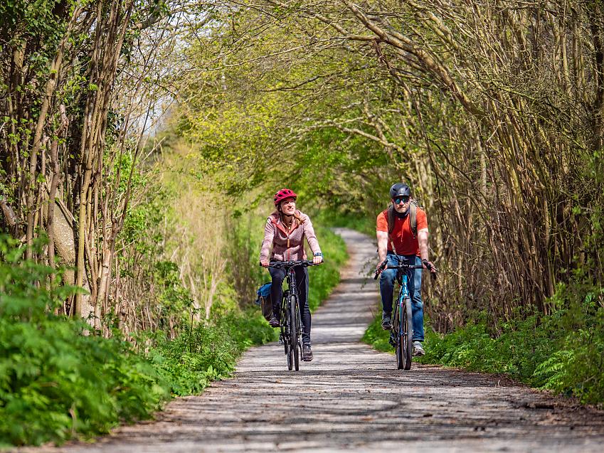 Two cyclists ride down tree lined cycle path