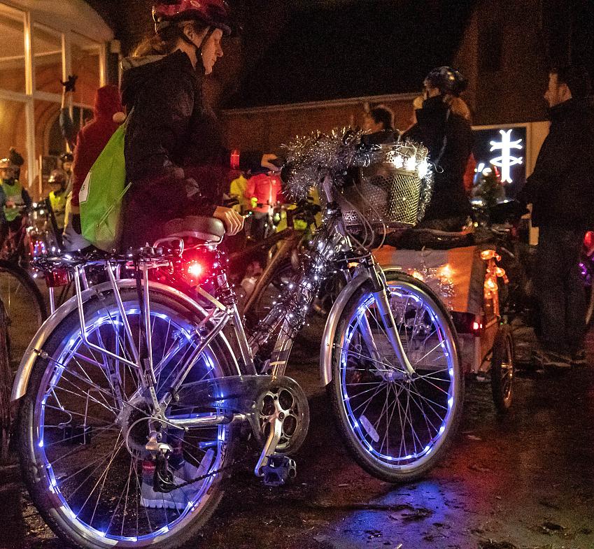 A tinsel-tastic bike on the Glow Ride. Photo by Peter Cornish