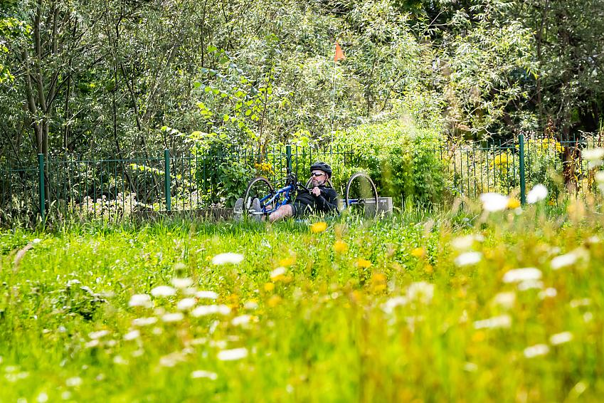 Man riding a hand cycle through a park full of flowers