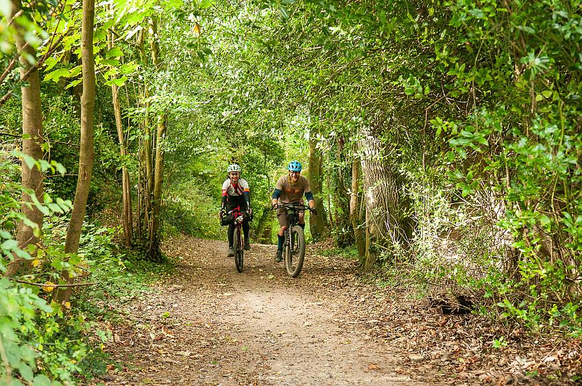 Two people cycling through woods