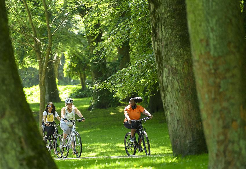 Women cycling through trees in a park