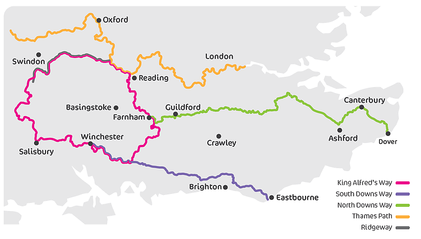 A map showing the routes for King Alfred's way, South Downs Way, North Downs Way, Thames Path and Ridgeway