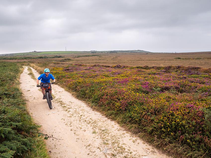 Man riding a mountain bike along a track across heathery moorland