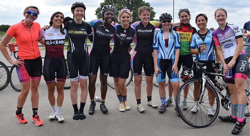 Biola Babawale (fourth from left) with other female cyclists