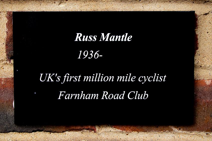 Plaque celebrating Russ Mantle’s achievement of cycling a million miles; photo by Neil McIntyre from West Surrey Cycle Club
