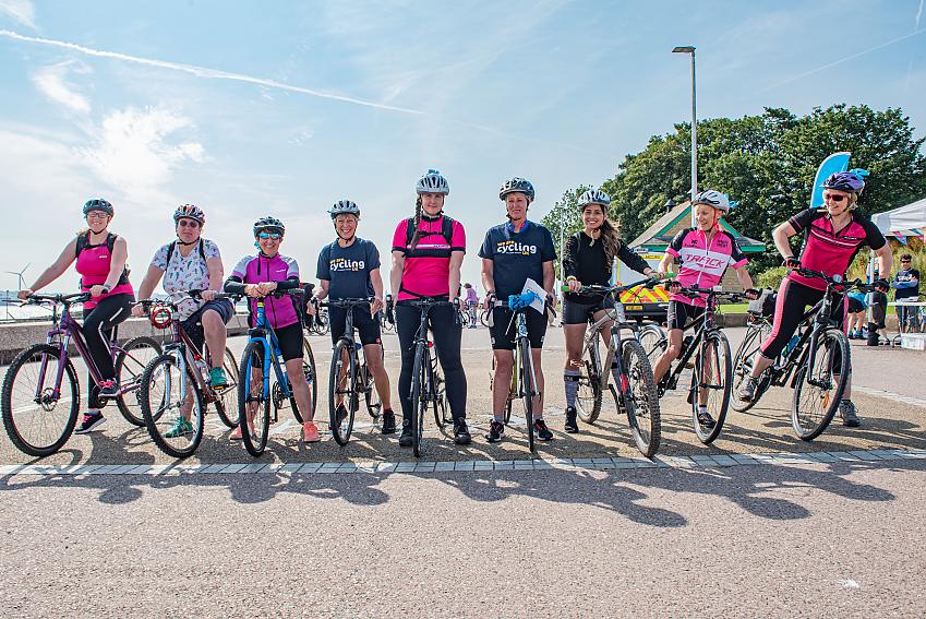 A group of women on bikes lined up ready to take part in a Women’s Festival of Cycling event on the Wirral