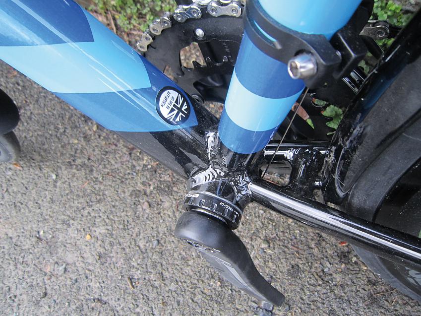 A close-up showing the Tifosi's 'assembled in the UK' sticker on the down tube close to where it meets the bottom bracket