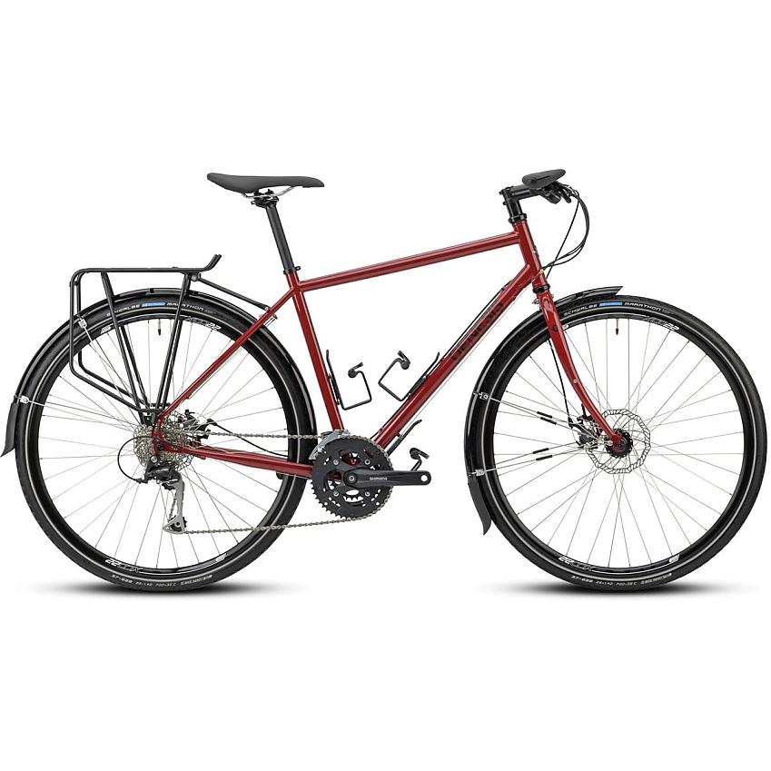 Genesis Tour De Fer 10 FB, a red touring bike with flat handlebar and rear rack