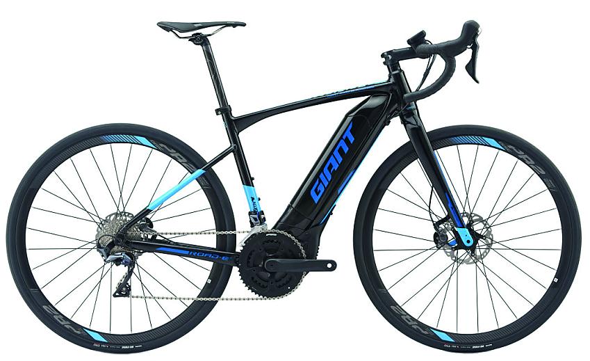 Giant Road E+1 Pro, a blue and black e-road bike with a very noticeable battery
