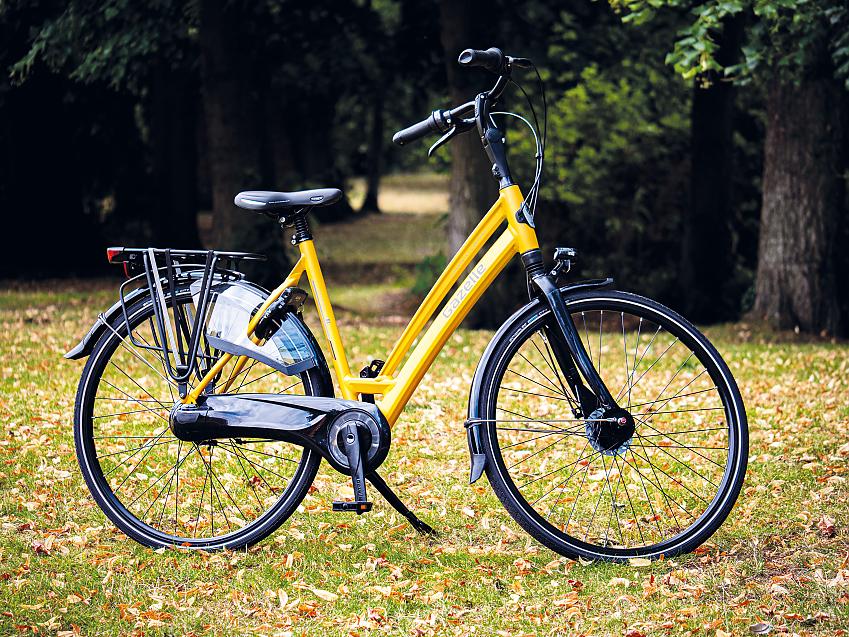 A yellow roadster, with rear rack, skirtguard and chainguard. It looks much more modern