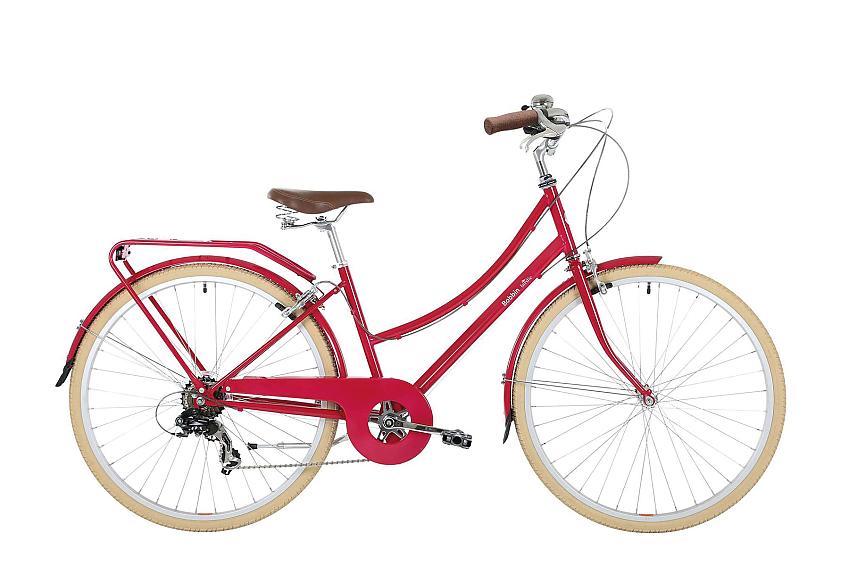 Bobbin Birdie, a red step-through roadster with rear rack and chainguard