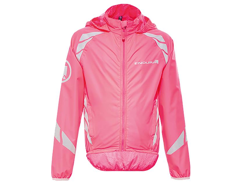 Endura Kids’ Luminite Jacket II Hi-Viz child's waterproof cycling jacket in pink with lots of reflective panels