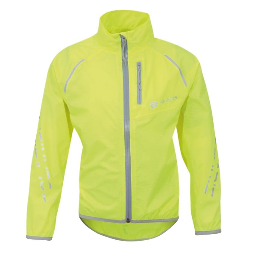 Polaris Strata Kids’ Pack Away waterproof cycling jacket in bright yellow with reflective trim