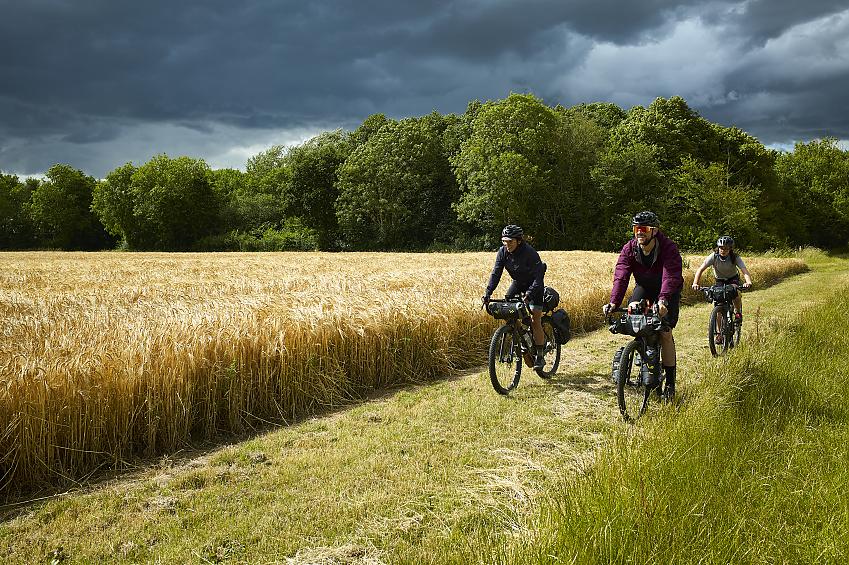 Three cyclists riding along the edge of a field
