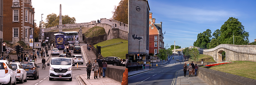 Station Road (looking towards the War Memorial and City Wall), York. The left image shows the current street design, one congested by motor traffic. The right image is a visualisation where the street leading to the memorial is closed to motor traffic