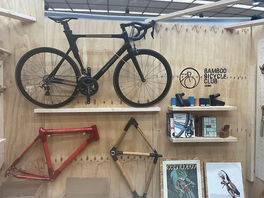Bamboo Bicycle Club at Bespoked. Shows a bike and bicycle frames made of bamboo