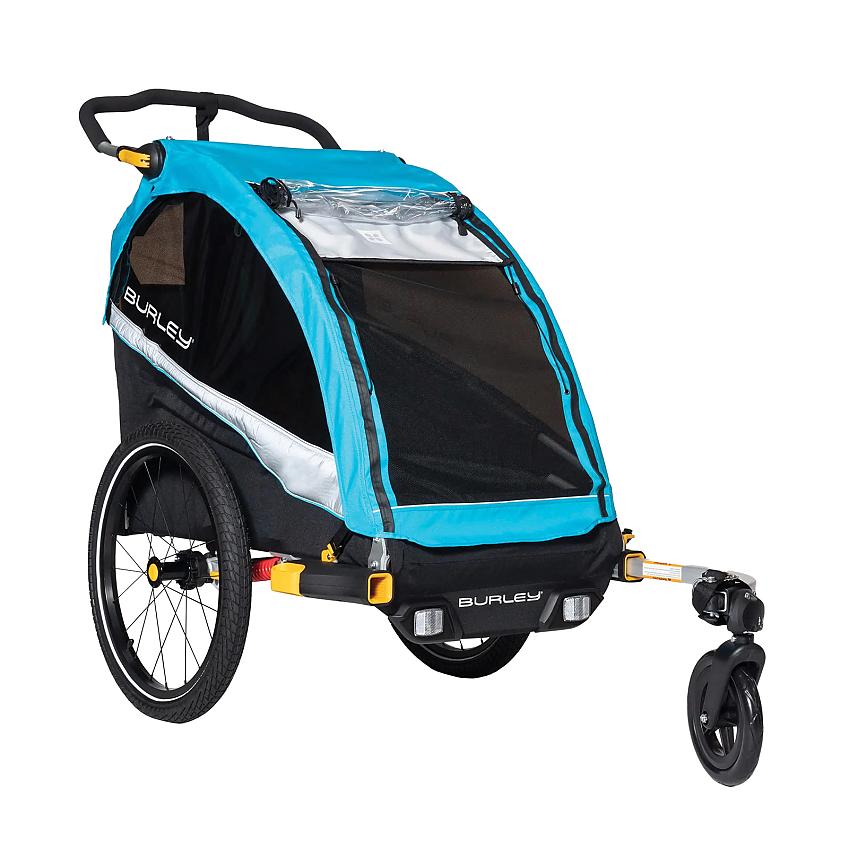 The Burley D'Lite X Single child trailer, in black and turquoise