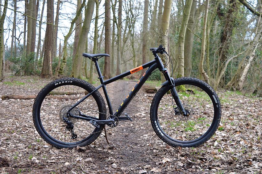 A black mountain bike is propped up on a forest trail