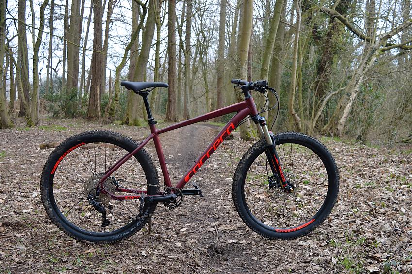 A maroon mountain bike is propped up on a forest trail