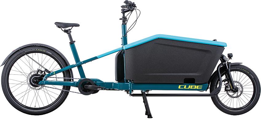 Cube Cargo Hybrid 500, a blue cargo box bike with the box at the front