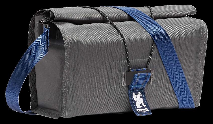 A grey bar bag with a roll-top closing and elasticated straps to hold it shut. It also has blue shoulder straps to carry it when off the bike