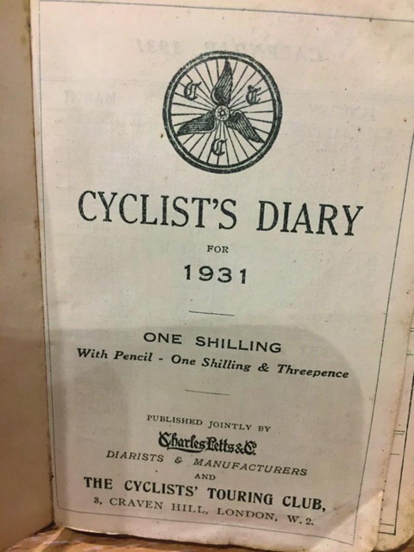 The front page of a Cyclist's Diary for 1931. It cost one shilling, or with a pencil one shilling and threepence. It was supplied by the Cyclists' Touring Club.