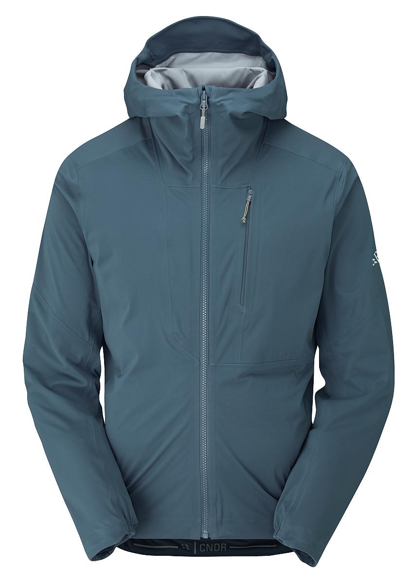 A grey/blue waterproof cycling jacket with a hood, against a white background