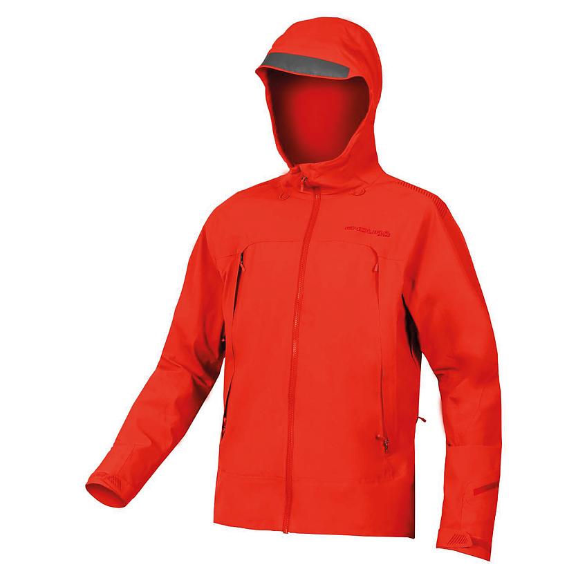 A bright red waterproof jacket with hood and the Endura logo, against a white background