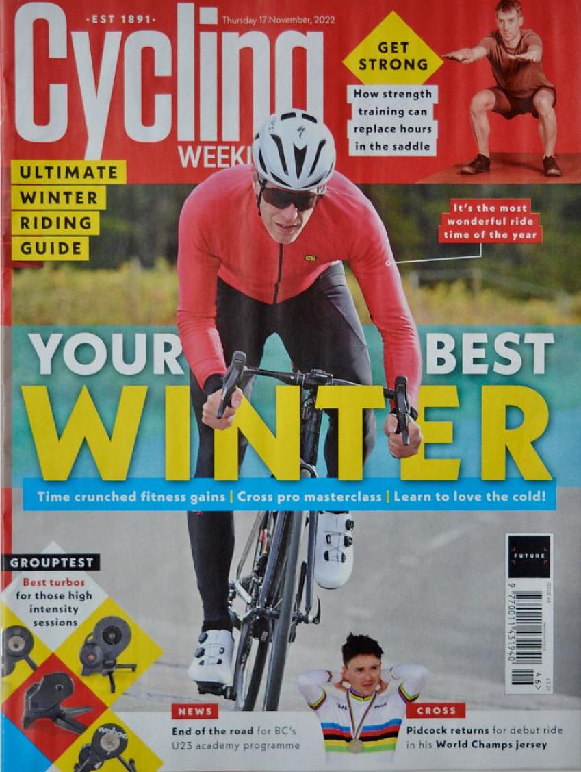 Cycling Weekly cover, dated 17 November 22, showing a man on a racing bike, wearing a red cycling jersey and black cycling leggings