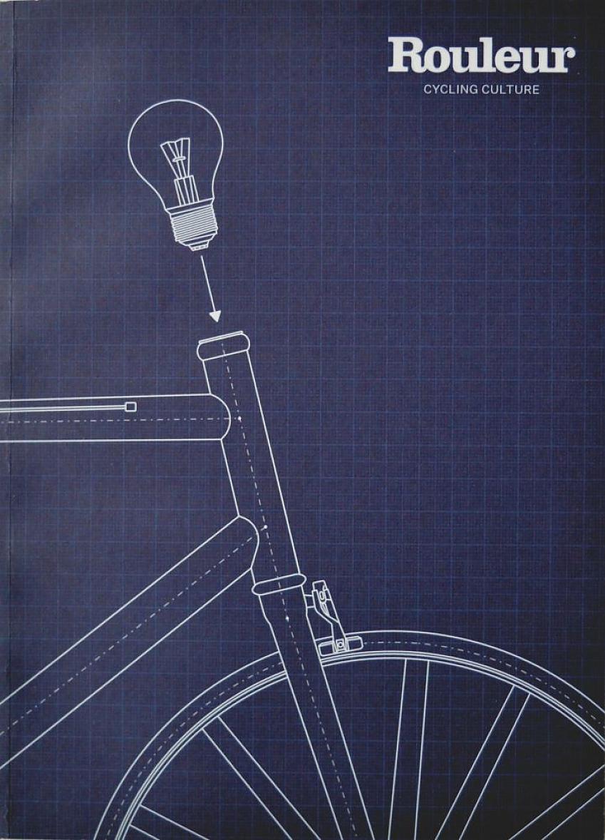A white outline of the front of a bike is drawn onto blue graph paper, with a lightbulb in place of the handlebar