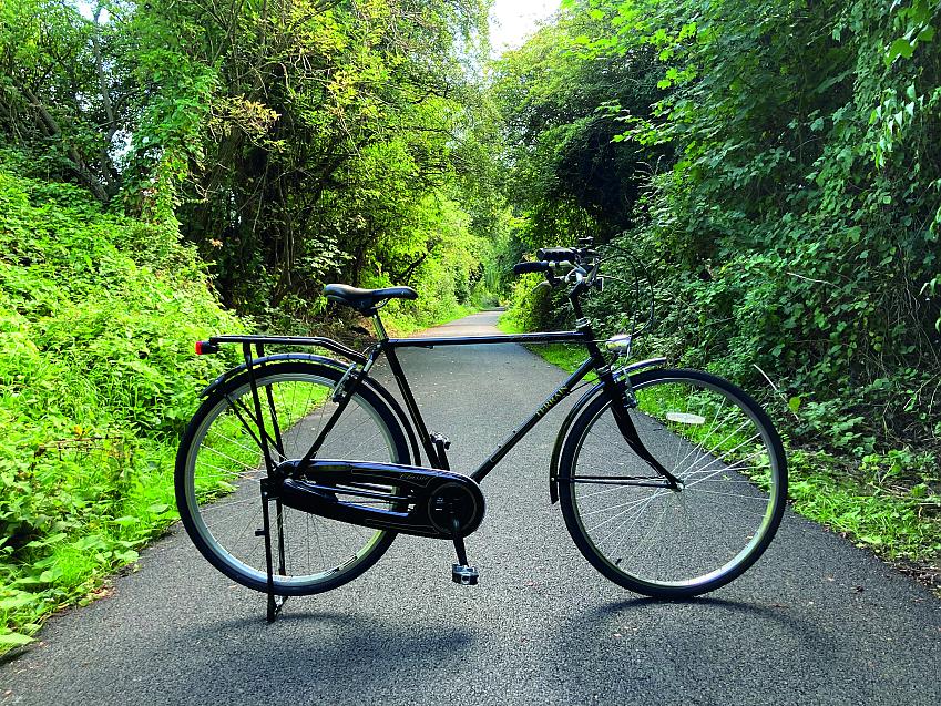 A black flat handlebar roadster bike on a stand on a tarmac path through some trees