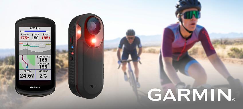Garmin Edge 1040 Solar and Varia Taillight on a background showing two male cyclists