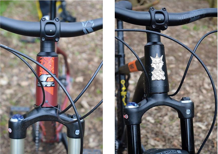 A composite image of the front forks of the Carrera Fury (left) and Voodoo Bizango (right)