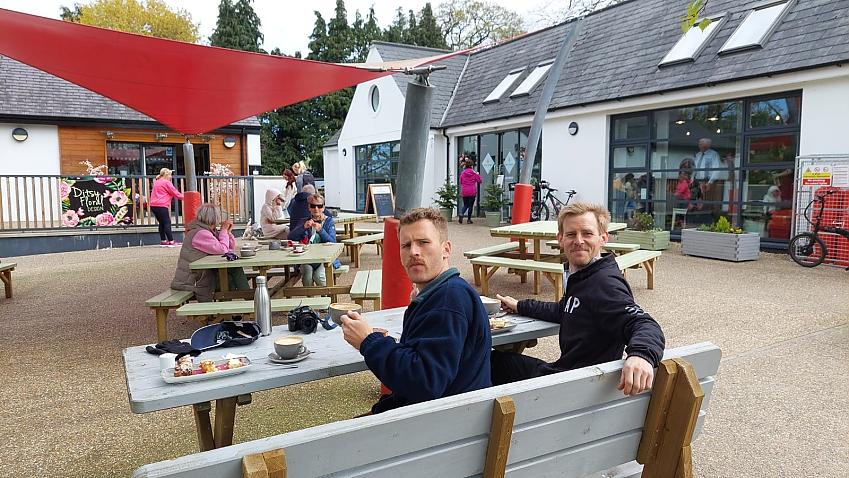 Andrew McLean (right) enjoys a well-deserved coffee and cake at Hollie Berries Tea Room in Scarva