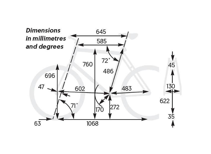 Trek Loft 7I EQ Step-Over frame dimensions in millimetres and degrees