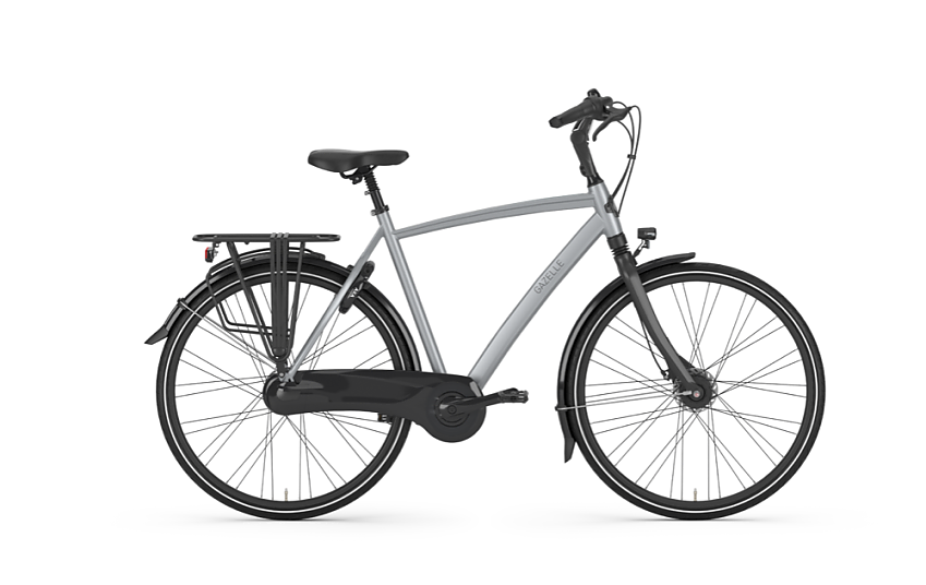 A grey city bike with a rear rack and mudguards
