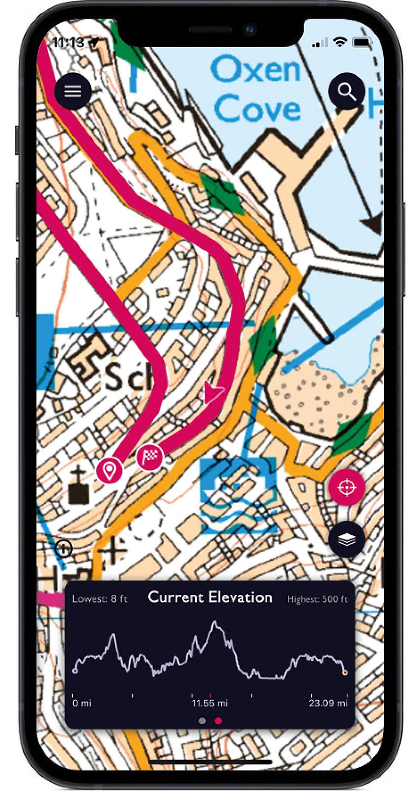 An iPhone displaying the OS Maps route-planning app