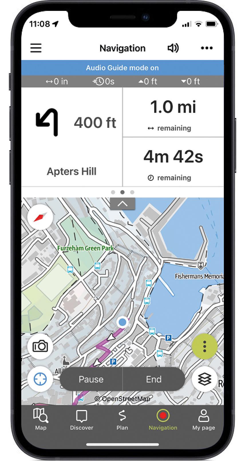 An iPhone displaying the Outdooractive route-planning app