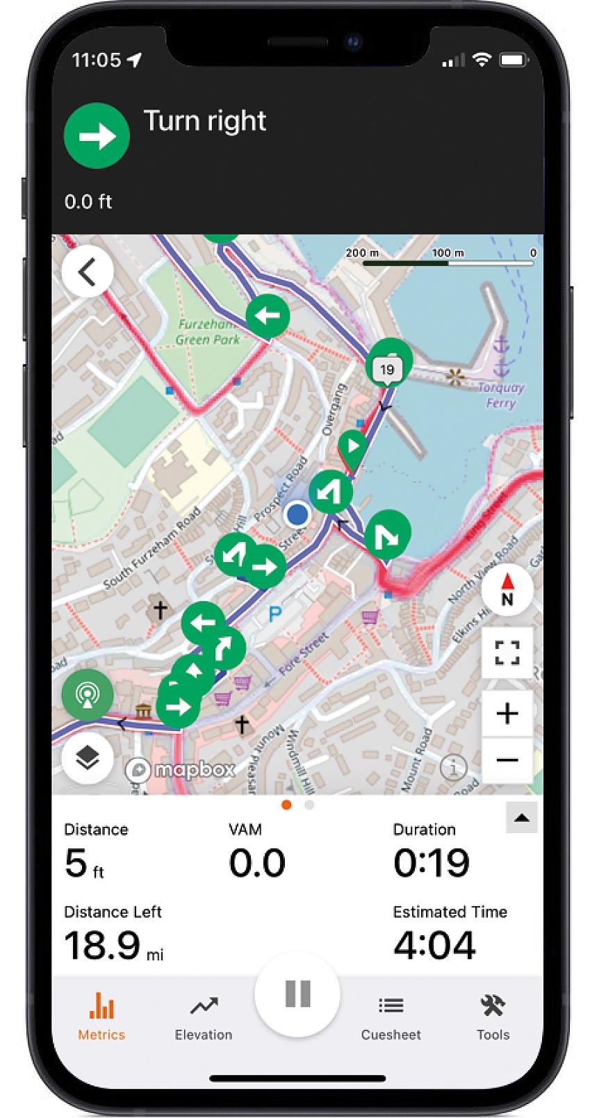 An iPhone displaying the RideWithGPS route-planning app