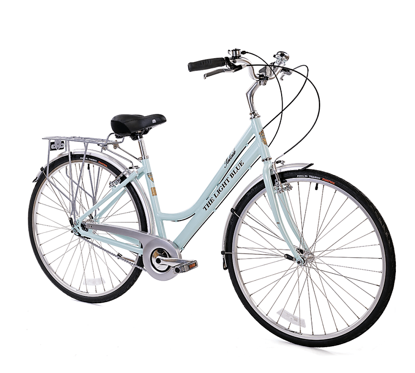 The Light Blue Parkside 5-Speed, a very pale blue Dutch-style bike with rear rack, chainguard and mudguards