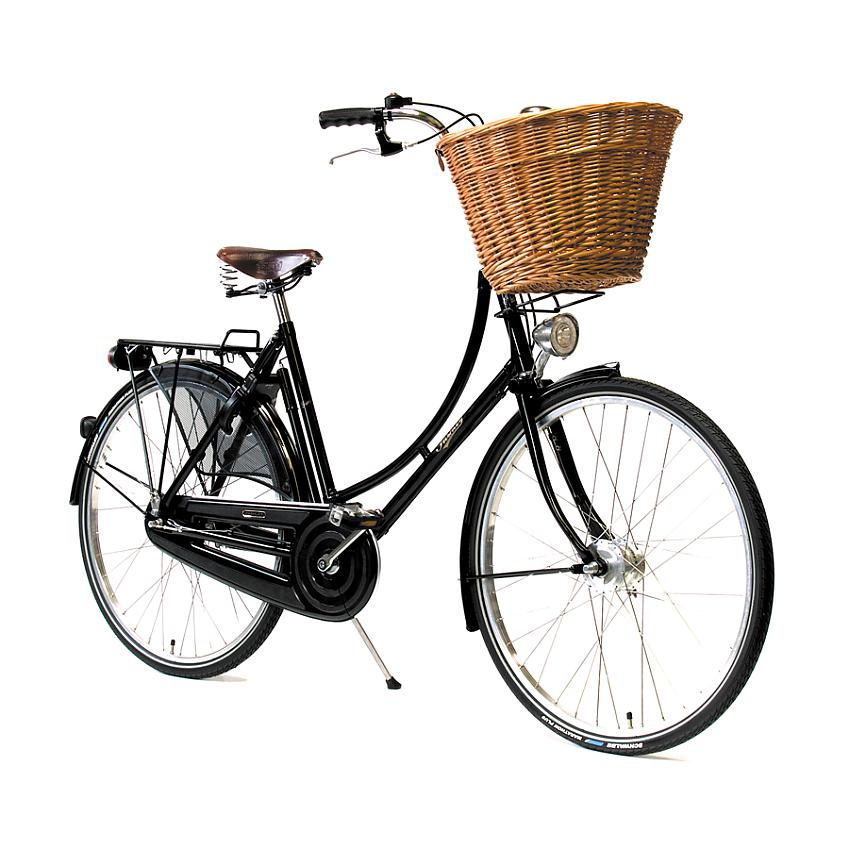Pashley Princess Sovereign, a very classic-looking Dutch-style bike in black with a front basket and rear rack, mudguards and chainguard