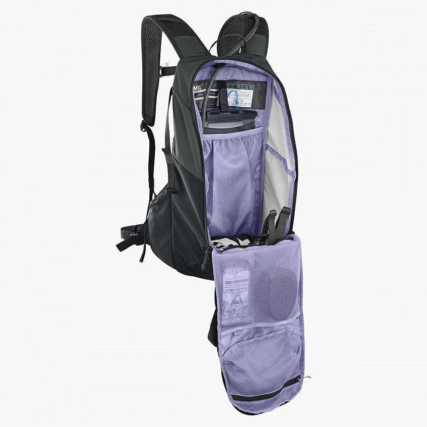 An open backpack showing the different compartments and pockets inside