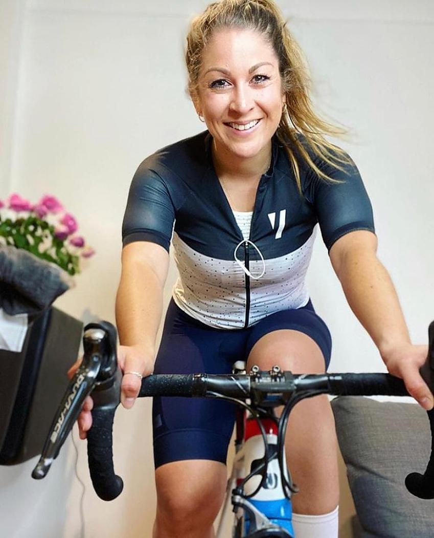 Rebecca Charlton on her bike on an indoor turbo trainer