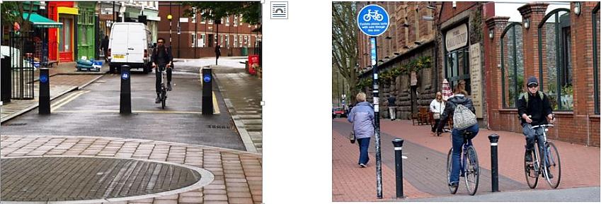 Two photos side by side showing how bollards can help create safe cycling infrastructure. They show a residential street (left) and a town-centre street (right) both closed to through traffic using bollards, which are placed so cyclists can get through