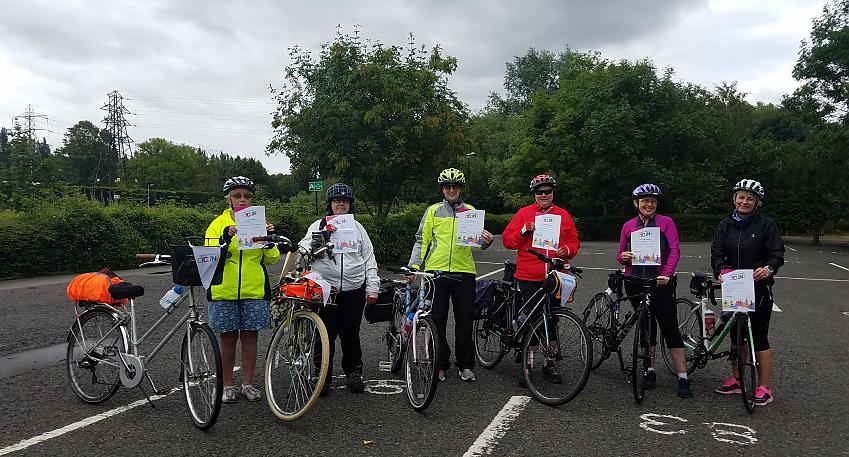Cycling UK Lincoln's Women's Group celebrate receiving their 100km ride certificates