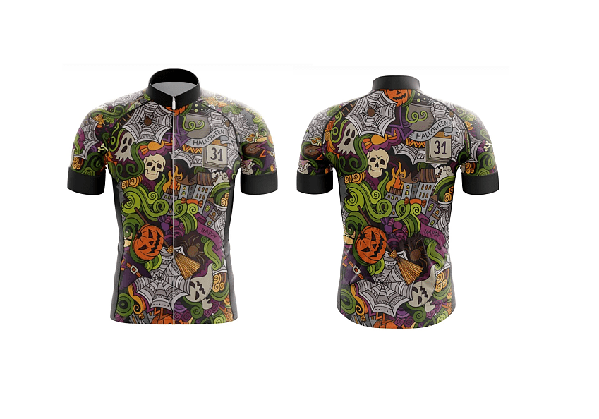A Halloween-themed short-sleeved cycling jersey, showing the back and front. It's a really colourful and busy pattern of skulls, cobwebs, pumpkins, ghosts and other Halloween-related items